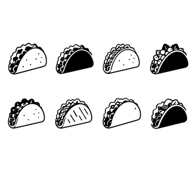 Collection of eight simple taco illustrations in black and white outline style