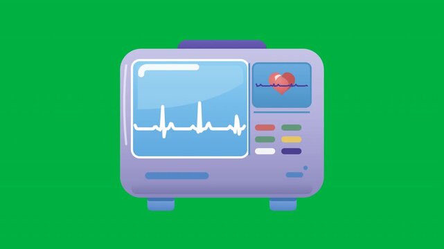ECG Heart Monitor Machine With Beating Heart And Animated Pulse Line On Green Screen