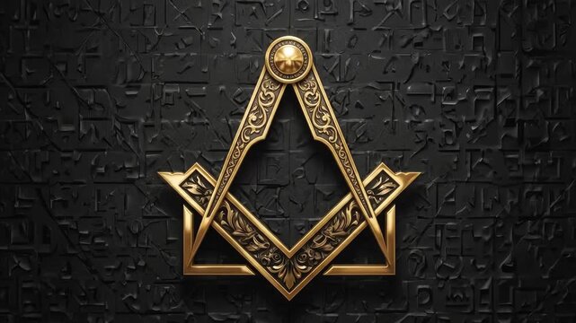 Ornate gold masonic square and compass emblem on a dark textured background.