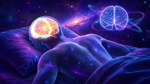 Digital Human Silhouette Resting Face Down with Glowing Brain and Floating Hologram Brain, Astral Projection Concept