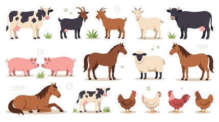 Obraz premium Farm animal set with cute cow goat pig horse and chicken.