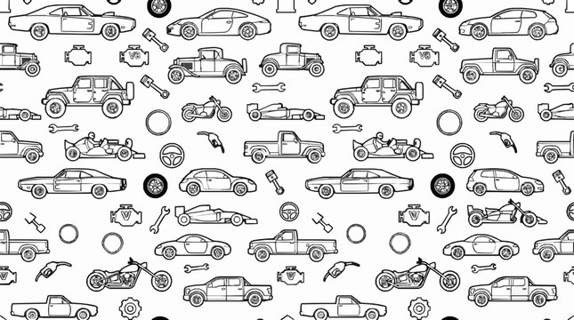 Black with Vector illustration seamless pattern containing sketches different vehicles vehicles motors wrenches