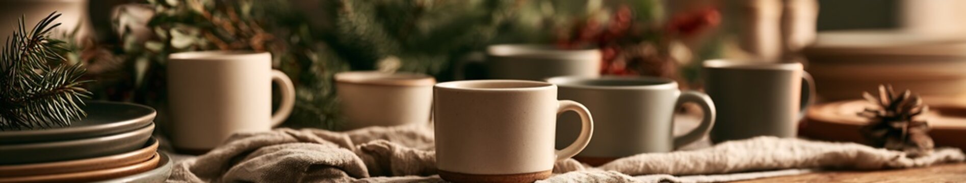 Rustic winter table setting with ceramic mugs, stacked plates, pine greenery and linen on a wooden surface