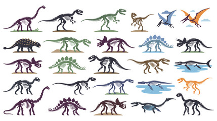 Dinosaur skeleton silhouette icons set in colorful style. © GW