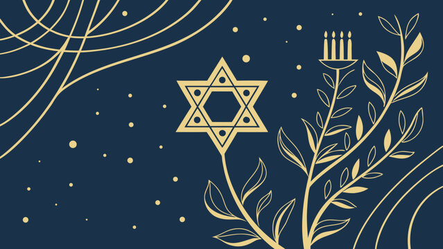 Star of David with holiday greenery and ribbon elements, festive Jewish celebration background