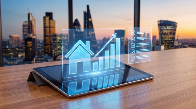 Real estate market data on digital tablet, property investment growth chart, futuristic smart home technology in office