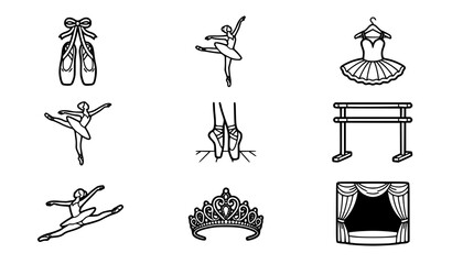 Ballet dancers and pointe shoes vector icons set dance performance line art collection © GULSHAN
