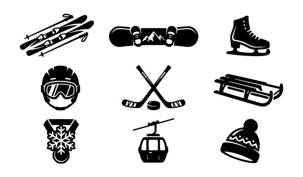 Winter sports skis snowboards skates vector silhouettes emblem set outdoor logo collection