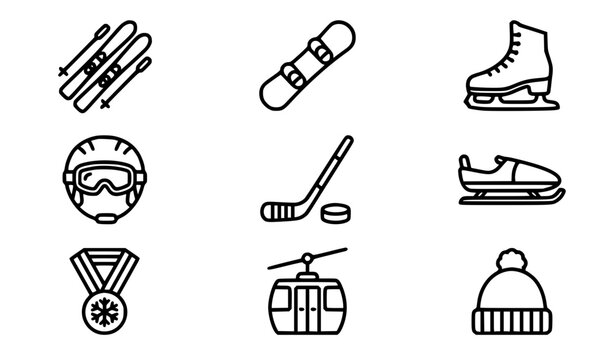 Winter sports skis snowboards skates vector icons set outdoor activity line art collection