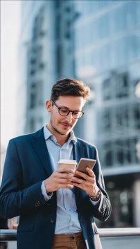 Man in Blazer and Glasses Holding Coffee and Using Smartphone in City