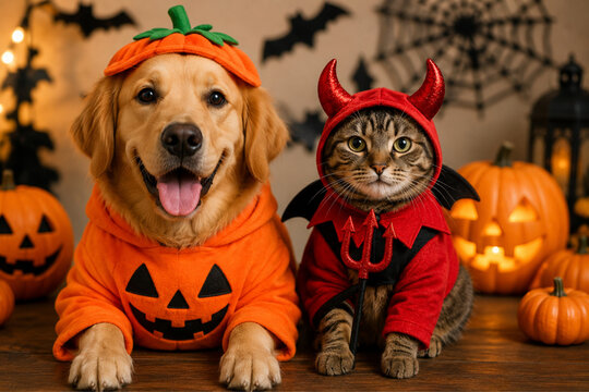 Cute Golden Retriever Dog and Cat in Halloween Costumes with Pumpkins