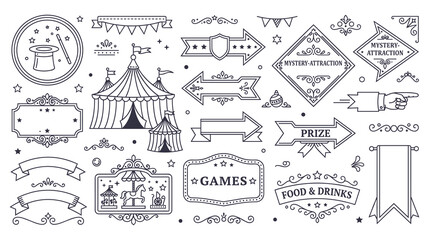 Amusement park circus carnival line art icons and elements collection. © GW