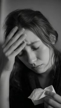 Distressed Woman with Headache and Tissue in Black and White