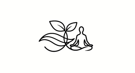 Fototapeta premium Abstract line art of a meditating figure with flowing leaves with Minimalist black outline drawing person sitting yoga pose stylized foliage