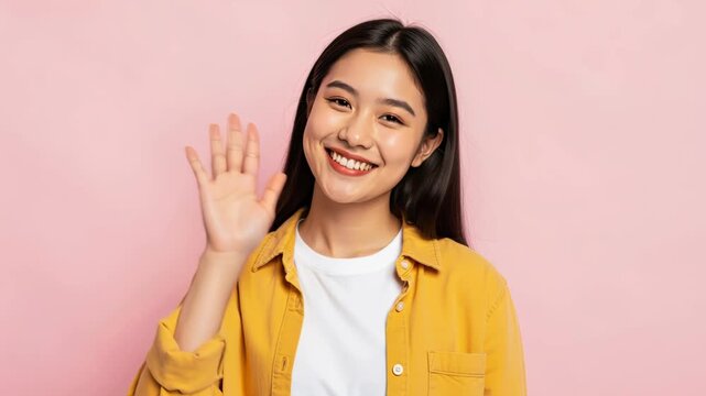 Friendly Greeting: A young Asian woman with a warm smile and outstretched hand waves hello against a soft pink backdrop, exuding approachability and charm.