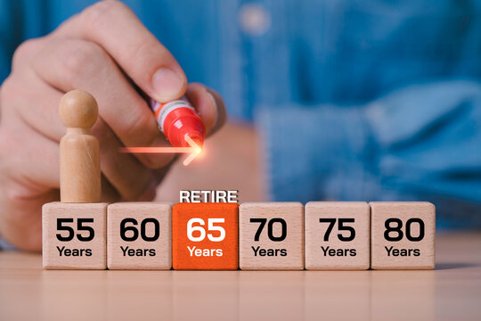 Delayed retirement concept from age 55 to 65, showing a person choosing to work longer before retiring representing pension planning, financial security, savings and later retirement decisions.