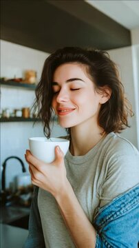 Happy Woman Smiling with Eyes Closed Holding Coffee Cup in Cozy Kitchen