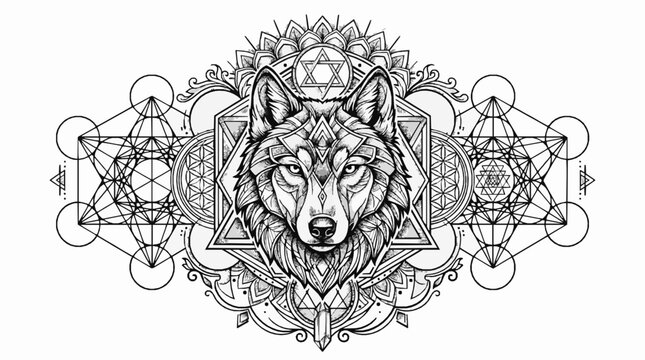 A detailed black and white line art illustration of a wolf head with geometric patterns with intricate geometric mandala