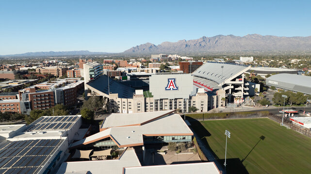 Tucson, United States - 17 December 2023: Aerial view of Arizona Stadium on the University of Arizona campus with the Santa Catalina Mountains in the background.