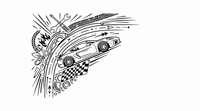Dynamic sketch of a racing car speeding with checkered flag and mechanical tools in a fast motion style