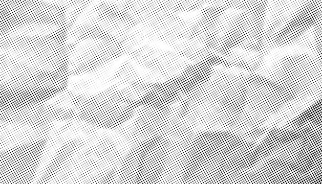 Halftone paper texture with natural wrinkles and folded surface. Distressed monochrome graphic background for editorial layouts, posters and creative design.