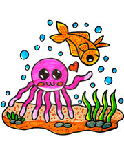 Naklejka premium Jellyfish and fish cute