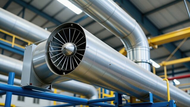 Large industrial ventilation fan system with extensive ductwork in a modern factory or processing plant environment