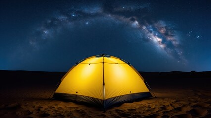 Obraz premium Yellow camping tent set up under a starry night sky with the Milky Way in a remote outdoor landscape