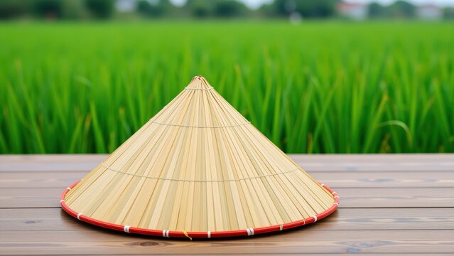 Traditional conical Asian rice hat made of straw, resting on a wooden surface in front of a lush green field, suitable for agricultural and outdoor activities