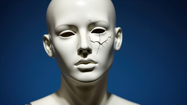White mannequin head with crack details on face and smooth surface, close-up portrait with neutral expression and dark background
