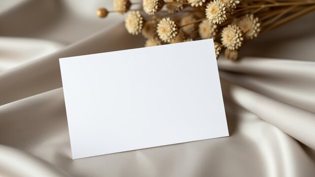 Blank white business card on luxurious satin fabric with dried flowers for professional branding or corporate identity design