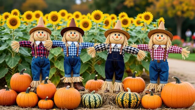 Decorative scarecrow figures in a farm-themed fall display with pumpkins and sunflowers, outdoor seasonal decoration for autumn harvest celebrations