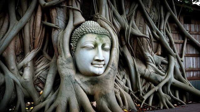 Serene Buddha head sculpture intertwined with large tree roots in an outdoor natural setting, emphasizing spirituality, tranquility, and harmony with nature
