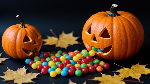 Cute Halloween pumpkins with carved faces, colorful jelly beans, and autumn leaves on a dark background for seasonal celebration and festive decorations