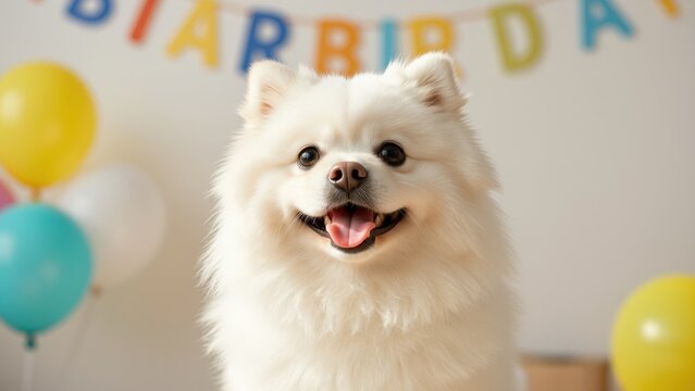 Happy white dog at birthday party with colorful balloons and festive decorations, celebrating joyful occasion, close-up portrait