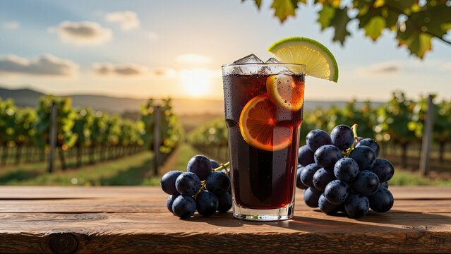Refreshing glass of dark grape juice with lemon and ice cubes on a rustic wooden surface, vineyard landscape with green grapevines and sunset sky in the background