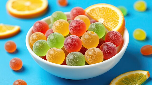 Colorful gummy candies in a white bowl with sliced citrus fruits and scattered candies on vibrant blue background, sweet snack, dessert, confectionery, playful, fun, bright colors,
