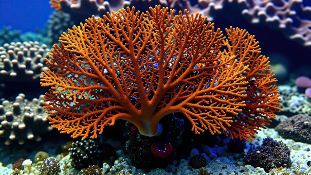 Vibrant orange sea fan coral on a colorful coral reef with various marine life and bright underwater environment, marine biodiversity and ocean ecosystem