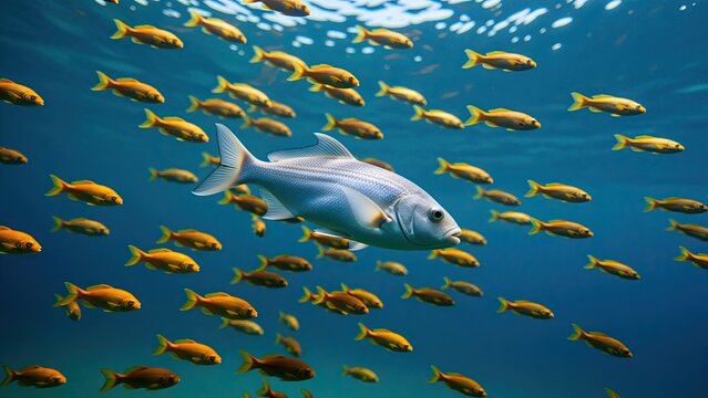 Large Silver Fish Swimming Among Smaller Fish in Underwater Ocean Scene