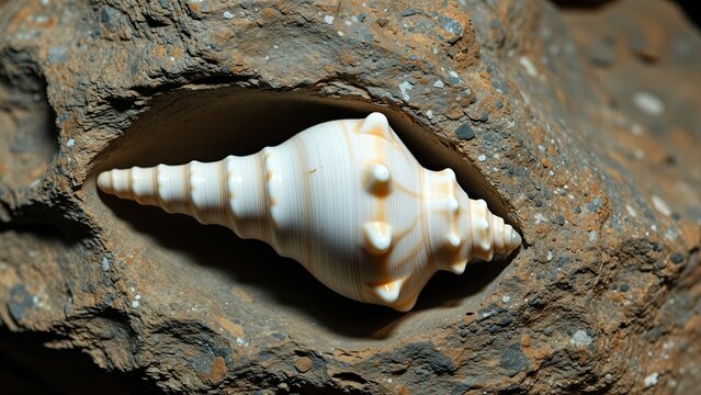 Close-up of a white seashell embedded in rocky terrain, natural marine object with textured surface, outdoor coastal scene, detailed shell, ocean environment, marine life, oceanic