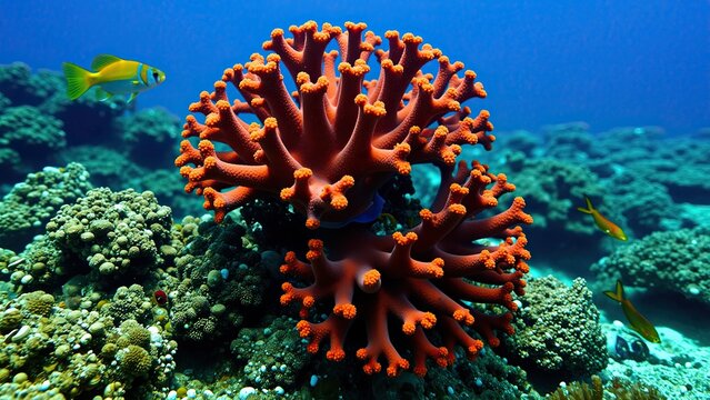 Close-up of vibrant red and orange coral reef with colorful tropical fish swimming beneath clear blue water