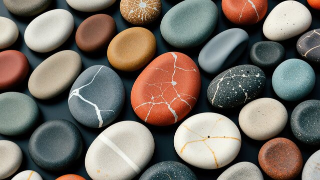 Colorful smooth polished stones arranged in a natural pattern, close-up with various textures and hues for landscape design, gardening, or interior decoration