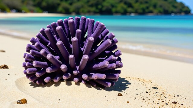 Colorful Sea Urchin Sea Globe on a Sandy Beach with Turquoise Water and Forested Shoreline in the Background