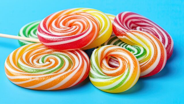Colorful Swirled Lollipops Displayed On Bright Blue Background for Confectionery and Candy Shop Promotions