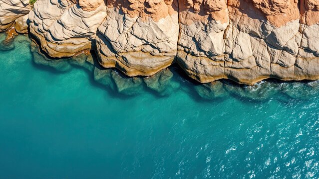 Aerial view of rugged rock cliffs meeting crystal clear turquoise ocean water with waves gently lapping against the shoreline, showcasing natural coastal landscape and scenic beaut