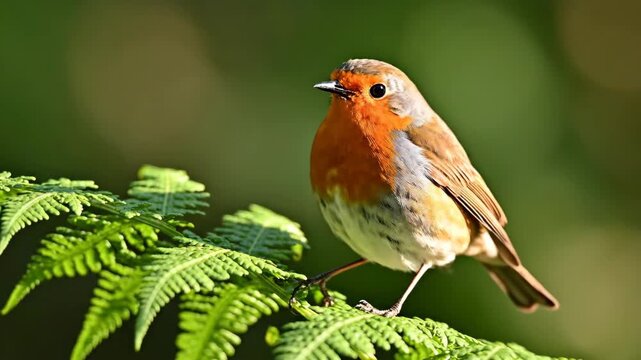 European Robin Perched on a Green Fern Branch in Nature