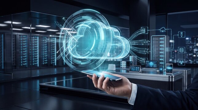 A businessman holding a glowing holographic cloud icon above his smartphone representing modern cloud computing technology and digital data storage network solutions