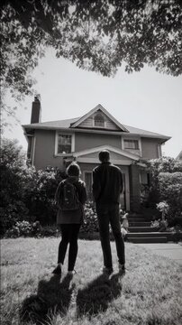 Couple Looking at a Residential House in a Suburban Neighborhood