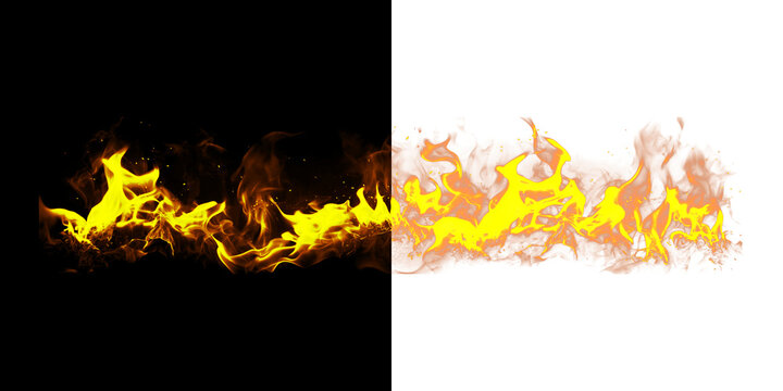 Horizontal orange fire stream with glowing embers on transparent background for graphic design and dynamic visual effects.
