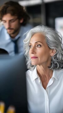 Senior Woman with Grey Hair Meditating in an Office